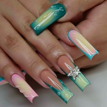 Imagem de RUOKEXIN Unhas postiças longas quadradas verdes ombré francesas, rosa, ombré, unhas postiças com desenhos de estrelas 3D, prensas de unhas quadradas, longas e quadradas, cola brilhante nas unhas, 24