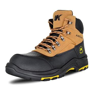 Imagem de ANITAKE Botas de trabalho masculinas com bico de aço, antiderrapante, de couro resistente, resistente à perfuração, respirável e confortável, Amarelo, 40