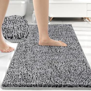 Imagem de HDFK Tapetes de banheiro antiderrapantes 76 cm x 50 cm pelúcia chenille pilha média com suporte TPR | Ultra absorvente sólido preto branco | Tapete de banho impermeável para banheiro para porta de