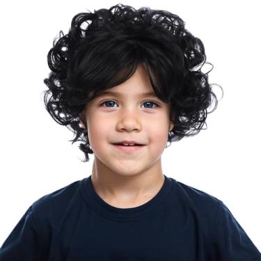 Imagem de WAVELNM Peruca preta curta para meninos e crianças, perucas pretas felpudas, cacheadas, onduladas, para meninos, fantasia diária de Halloween, perucas sintéticas