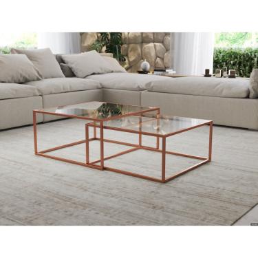 Imagem de Mesa De Centro Industrial Moderna Atemporal Duo Catarina Cobre E Tampo De Vidro