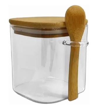 Imagem de Pote Hermético de Vidro com Tampa de Bambu, 700ml, Colher Incluída, Quadrado
