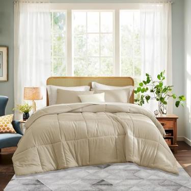 Imagem de Jogo de cama casal (1 edredom + 2 fronhas) para quarto, conjunto de edredom de microfibra premium de 3 peças, lavável para todas as idades, cáqui, 203 x 230 cm