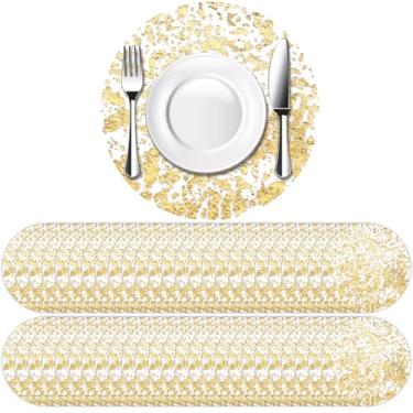 Imagem de FALESOUL Conjunto de 50 peças de jogo americano descartáveis, toalha de mesa prensada de malha dourada redonda de 33 cm, caminho de mesa dourado para festa, casamento, casa, jantares, decoração de