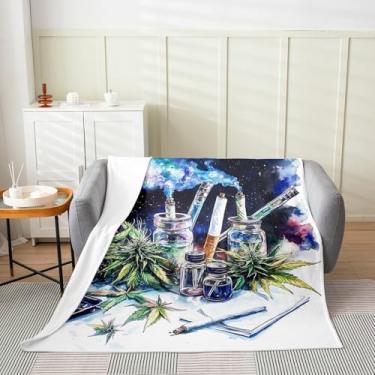 Imagem de Cobertor de flanela infantil de folha de cannabis, cobertor de maconha, plantas botânicas, lua estrelada, tríplice aconchegante para cama, sofá, azul, branco, macio e respirável, tamanho solteiro (152