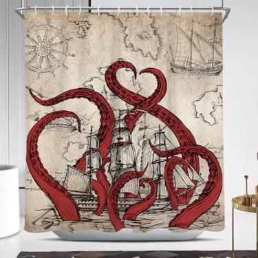 Imagem de Coxila Cortina de chuveiro polvo padrão vermelho vintage retrô náutico marrom monstro oceano divertido Kraken anime pirata mapa mar veleiro navio meninos crianças homens banheiro 182 x 182 centímetros
