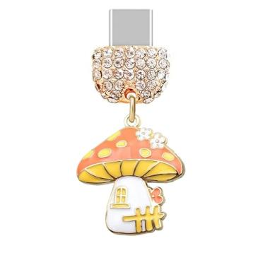 Imagem de ELISE & FONDA TP895 Tipo-C porta de carregamento cristal antipoeira pequeno cogumelo Halloween pingente de celular para iPhone 15/16/Samsung/OnePlus/Xiaomi/oppo telefones Android (amarelo)