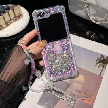 Imagem de Capa para Galaxy Z Flip6 com alça de pulso luxuosa em cristal, borboleta, flor, diamante e pérola (para Galaxy Z Flip6/roxa)
