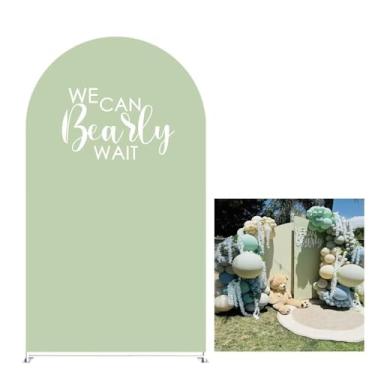Imagem de KONPON Capas de fundo de arco verde claro decorações de festa de aniversário We Can Bearly Wait suporte arqueado elastano capa de tecido para decoração de festas de chá de bebê (3,3 x 6,6 pés