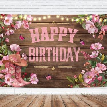 Imagem de Imirell Pano de fundo de aniversário de vaqueira ocidental 7Wx5H Pés Country Pink Boot Hat Floral Borboleta Madeira Tecido de Poliéster Rústico para Mulheres Fundos de Fotografia Feminina Sessão de