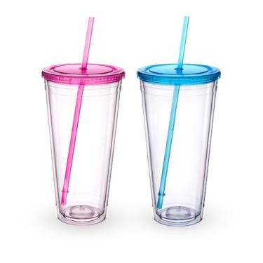 Imagem de Zukro Copo de acrílico transparente com canudo e tampa 940 ml, copo de café gelado de plástico reutilizável com parede dupla, para viagem, perfeito para festas, aniversários, cabe no porta-copos, sem