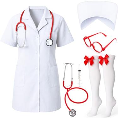 Imagem de Chicingyou Conjunto de 6 peças de fantasia de enfermeira de Halloween, acessórios femininos, conjunto de roupa de cosplay, inclui chapéu de enfermeira, jaleco de laboratório, óculos, estetoscópio