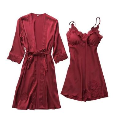 Imagem de Lingerie feminina seda renda robe vestido babydoll camisola pijamas co