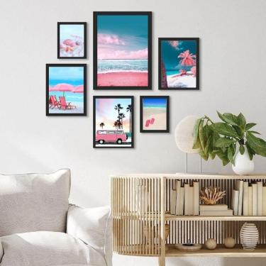 Imagem de Kit 6 Quadros Praia Azul/Rosa - Vidro e Moldura Preta