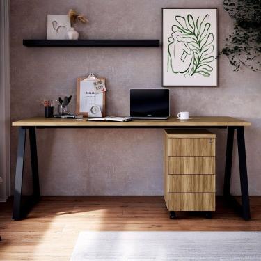Imagem de Mesa Escrivaninha 160cm e Gaveteiro com 4 Gavetas e Rodízios Industrial Executive Nogal/ Preto