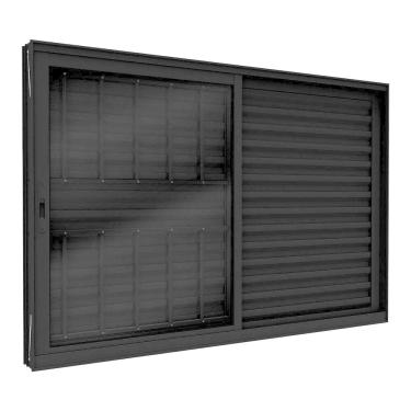 Imagem de Janela de Alumínio Veneziana Lateral com Grade 2 Folhas Móveis e 1 Folha Fixa Lucasa Eccellente Preto