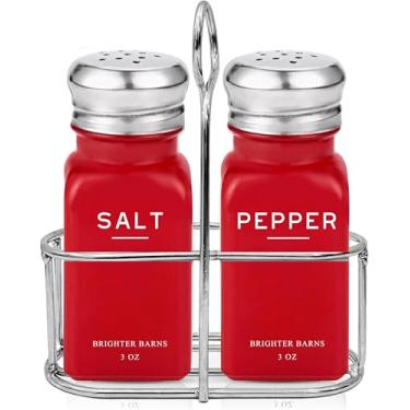Imagem de Conjunto de saleiro vermelho e pimenteiro com suporte da Brighter Barns – Decoração de cozinha moderna e acessórios, decoração de sala de jantar – Saleiro fofo com suporte para mesa central