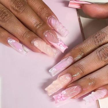 Imagem de Kit de unhas de pressão médio longo quadrado ombré rosa cola falsa conjunto de unhas com design de flor 3D pérolas cobertura completa bastão falso artificial em unha de acrílico para mulheres uso