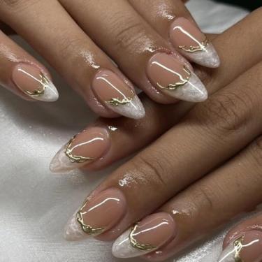 Imagem de Kit de unhas de pressão curtas médias amêndoas falsas com design moderno branco francês, prensa 3D acrílico cobertura completa vara falsa em unha para mulheres uso diário manicure casamento 24 peças