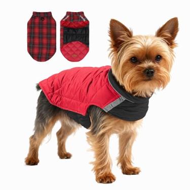Imagem de Casaco acolchoado de inverno para cães, colete reversível forrado xadrez, faixa de segurança refletiva, roupa para animais de estimação para clima frio vermelho PPP