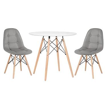 Imagem de Loft7, Kit Mesa redonda Eames 80 cm branco + 2 cadeiras estofadas Eiffel Botonê Cinza