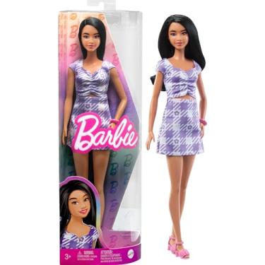 Imagem de Barbie Fashionista com vestido xadrez roxo boneca morena com fato de flores e acessórios de moda, brinquedo + 3 anos (Mattel HPF75)