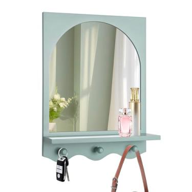 Imagem de SANY DAYO HOME Espelho arqueado emoldurado de madeira turquesa 40,6 x 30,5 cm com prateleira e 3 ganchos, espelho decorativo de parede de vidro real para entrada, banheiro, quarto, lavanderia