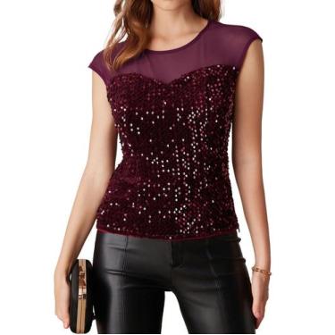 Imagem de Blusa de lantejoulas GRACE KARIN de veludo vermelho vinho para mulhere