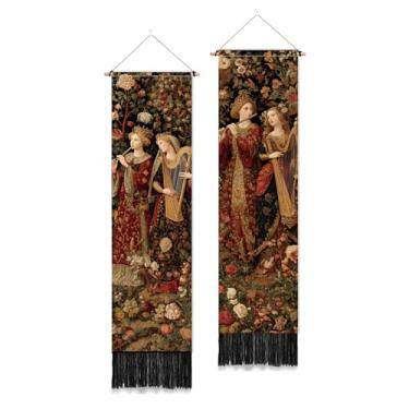 Imagem de PLIGREAT Pacote com 2 tapeçarias de parede de músico medieval, retrô, jardim, longo, com borlas, tapeçaria vertical estética decorativa para quarto, sala de estar, decoração de casa, 132 x 33 cm