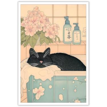 Imagem de Arte de parede de gato preto japonês na banheira casa de banho animal de estimação gato cartazes arte japonesa neutra minimalista impressão estética pintura para sala de estar quarto decoração de