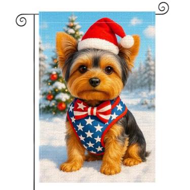 Imagem de HOMETITUTE Merry Christmas Bandeira de jardim 30,5 x 45,7 cm, bandeiras de jardim de boas-vindas, serapilheira, dupla face, Yorkshire Terrier, Papai Noel, arco patriótico, sazonal, faixa de férias ao
