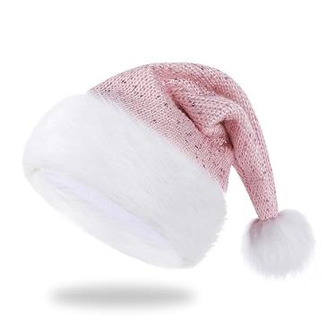 Imagem de Pxniy Chapéu de Natal, chapéu de malha com lantejoulas e pele de coelho sintética, chapéu de Papai Noel, festa de fim de ano novo para adultos e crianças (rosa)