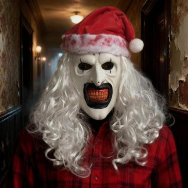 Imagem de QPQEQTQ Máscara assustadora de palhaço terrifier de Halloween assustadora e assassina coringa meia máscara facial arte de terror máscara de palhaço com chapéus branca