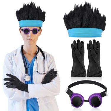 Imagem de Jiuguva 4 Pcs Halloween Scientist Accessories Animated Lab Assistant Costume Black Goggles Long Gloves Blue Triangle Hat & DIY Antenna Twists for Halloween Cosplay Theme Parties