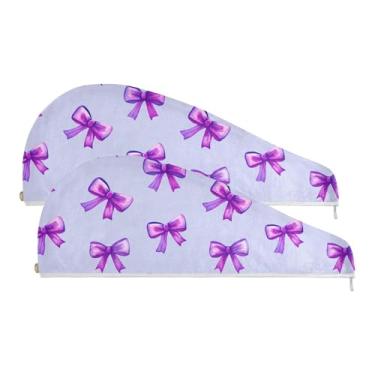 Imagem de SEHANY Lindo laço roxo microfibra toalha de cabelo para mulheres 2 peças turbantes de cabelo de secagem rápida com botão, touca de cabelo seco absorvente toalha de secagem de cabelo para cabelos
