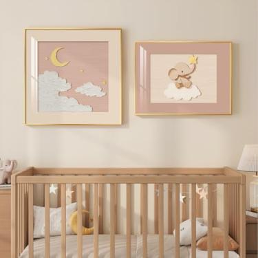 Imagem de Conjunto de 2 peças de arte de parede emolduradas para berçário, lindo elefante rosa e lua para decoração de paredes de quarto de crianças, imagens de parede neutra macia de bebê para quarto de jogos