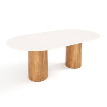 Imagem de Mesa De Jantar West 240cm X 100cm 8 Lugares Lâmina Natural De Madeira Off White Vidro