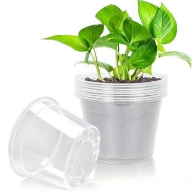 Imagem de FUOAUYK Vasos de berçário transparentes grandes de 20 cm com drenagem, pacote com 10 vasos de plástico para plantas, vasos de mudas de plantas transparentes para jardinagem interna e externa (20 cm)