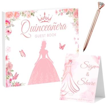 Imagem de PINKEESEA Conjunto de 3 peças de livro de visitas de quinze anos com cartão Sign Here e caneta diamante ouro rosa - livro de assinatura de capa dura, Libro De Firmas para 15 anos - lembrancinhas e
