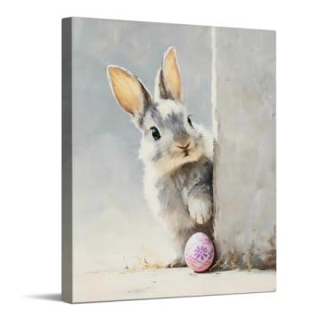Imagem de CYFDYVT Linda impressão de arte de parede de Páscoa espiando coelhinho com design de ovo pintado para decoração de casa de primavera, arte em tela para quarto, berçário, sala de estar, 20 x 25 cm