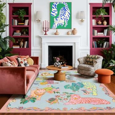 Imagem de 20 x 25 tapete lavável rosa fino para área de animais, tapete de tigre chita funky, tapete macio antiderrapante para sala de estar, dormitório, varanda, quarto, berçário, sala de jogos, blush