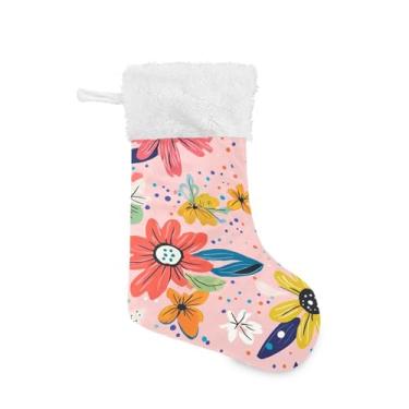 Imagem de Wassud Meia de Natal fofa com punho branco flores coloridas e pontos 45,7 cm grande para decoração de lareira e cornija, pacote com 2