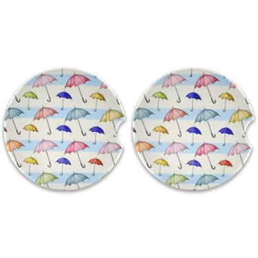 Imagem de CEBUGI 2 peças de porta-copos de carro para porta-copos de cerâmica de 6,3 cm com entalhe de dedo absorvente porta-copos de copo de carro aquarela, guarda-chuvas de carro para mulheres e homens