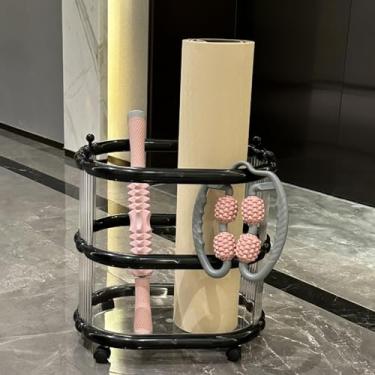 Imagem de uhyOHF Suporte de tapete de ioga móvel para academia em casa, esteira de ioga, cesta de plástico para rolo de espuma, alça de ioga, bloco de ioga, armazenamento de canto de equipamento de treino