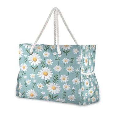 Imagem de Wassud Bolsa de praia azul camomila grande, bolsa de praia para mulheres, impermeável, à prova de areia, bolsa de viagem com zíper e bolso para piscina, academia, acampamento