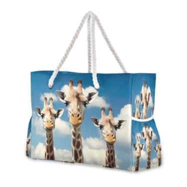 Imagem de Wassud Bolsa de praia com três girafas (2) bolsas de praia grandes para mulheres, impermeável, à prova de areia, bolsa de viagem com zíper e bolso para piscina, academia, acampamento
