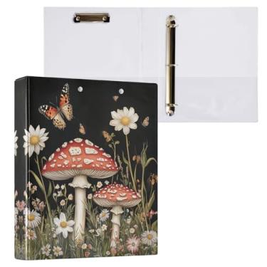 Imagem de Qilmy Organizador de fichário redondo de cogumelos e margaridas, 3 argolas com prancheta (carta A4), fichário fofo para material de escritório escolar 626