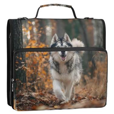 Imagem de CEBUGI Fichário de 3 anéis com zíper com alça de ombro, pasta de arquivo expansível de 3,8 cm, anéis D, para escola, escritório, outono, cachorro