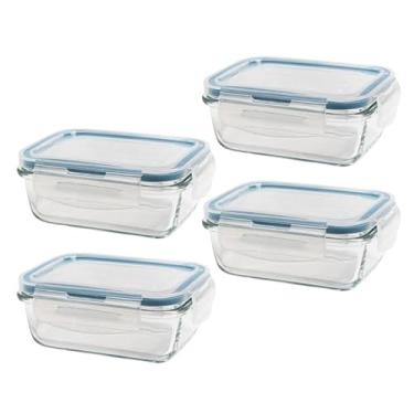 Imagem de " Kit 4 Pote de Vidro 370 ml Retangular Hermético Para Marmita Papinha Comida Fitnes Alimentos Pratico Com Travas Anti Vazamento BPA Free Resistente a Calor Frio Próprio Para Micro-Ondas e Forno "