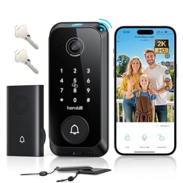 Imagem de Trava inteligente de vídeo com câmera: anel 4 em 1 + câmera 2K + campainha + fechadura de porta de entrada sem chave de chifre de impressão digital, fechadura WiFi integrada, áudio bidirecional